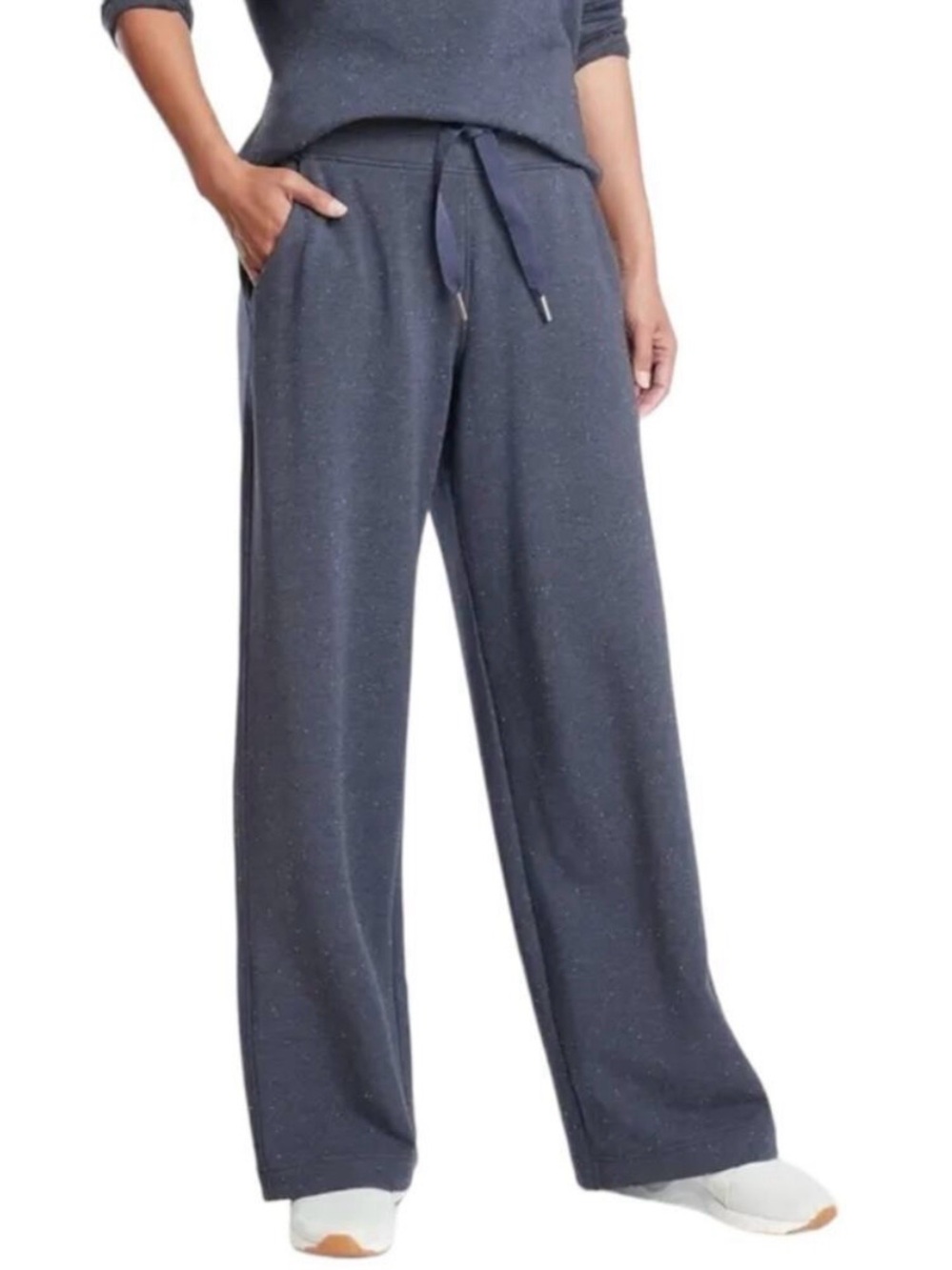 Athleta Balance Pant Blue Elastic Tie Waist Wide-Straight Leg Pockets Size Large